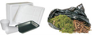 Polystyrene cups and takeaway boxes, and plastic bag of tree branches
