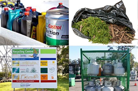 Collage of pictures showing waste including oil bottles, spray paint cans, gas cans and recycling services sign