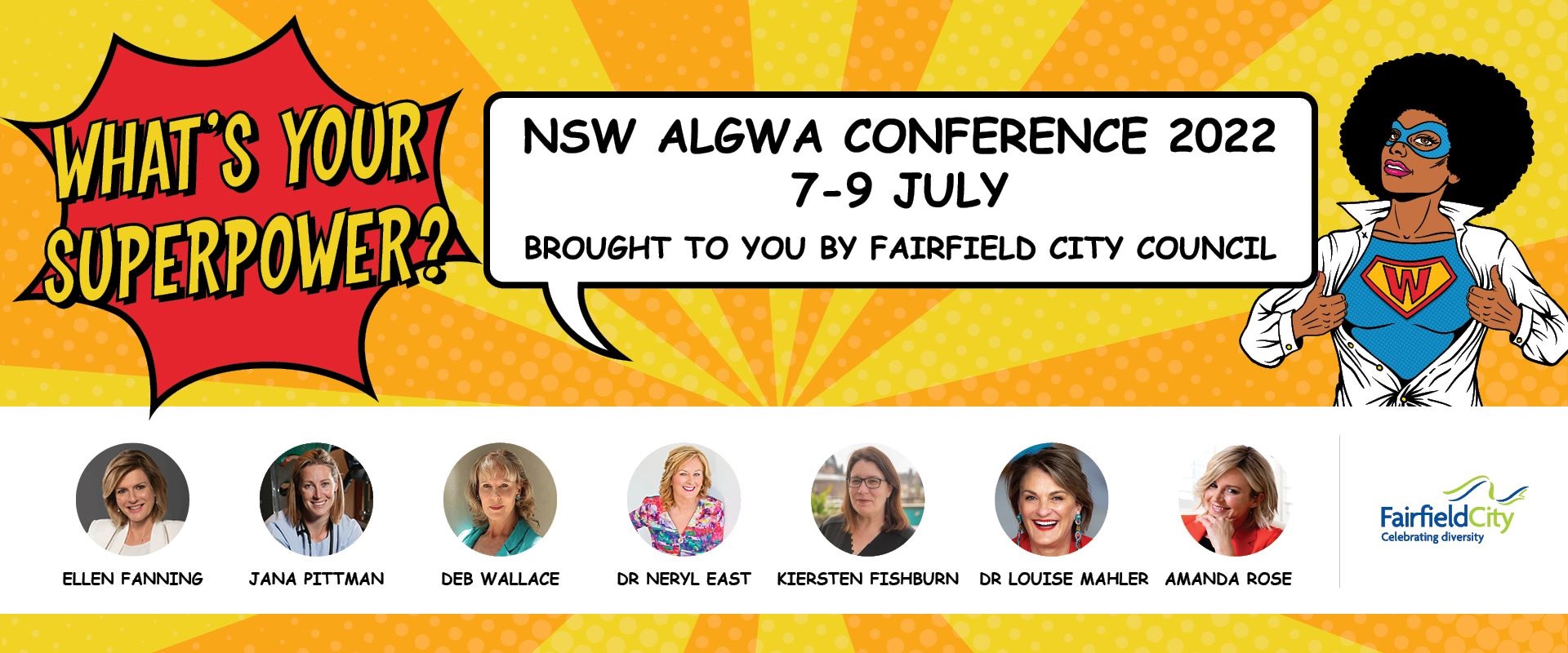NSW ALGWA conference banner for 7-9 July 2022 featuring Ellen Fanning, Jana Pittman, Deb Wallace, Dr Neryl East, Kiersten Fishburn, Dr Louise Mahler and Amanda Rose