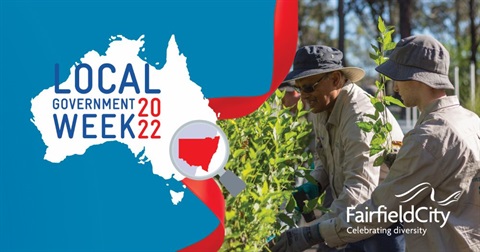 Local Government Week 2022 logo next to photo of volunteers working in the community nursery