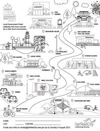 Colouring in page of cartoon map of Fairfield City