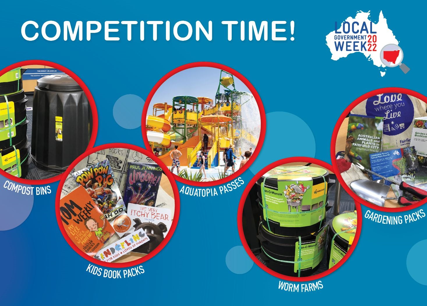 LG Week Competition Time banner featuring photos of compost bins, kids book packs, Aquatopia passes, worm farms and gardening packs