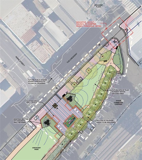 Map of proposed Crescent Streetscape upgrades, showing construction of walls and fencing around the Crescent park, site of 'play element' within grassed area and pedestrian crossing across The Crescent.