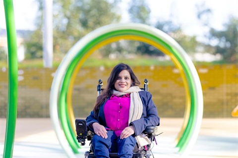 Person in a wheelchair at the park. 