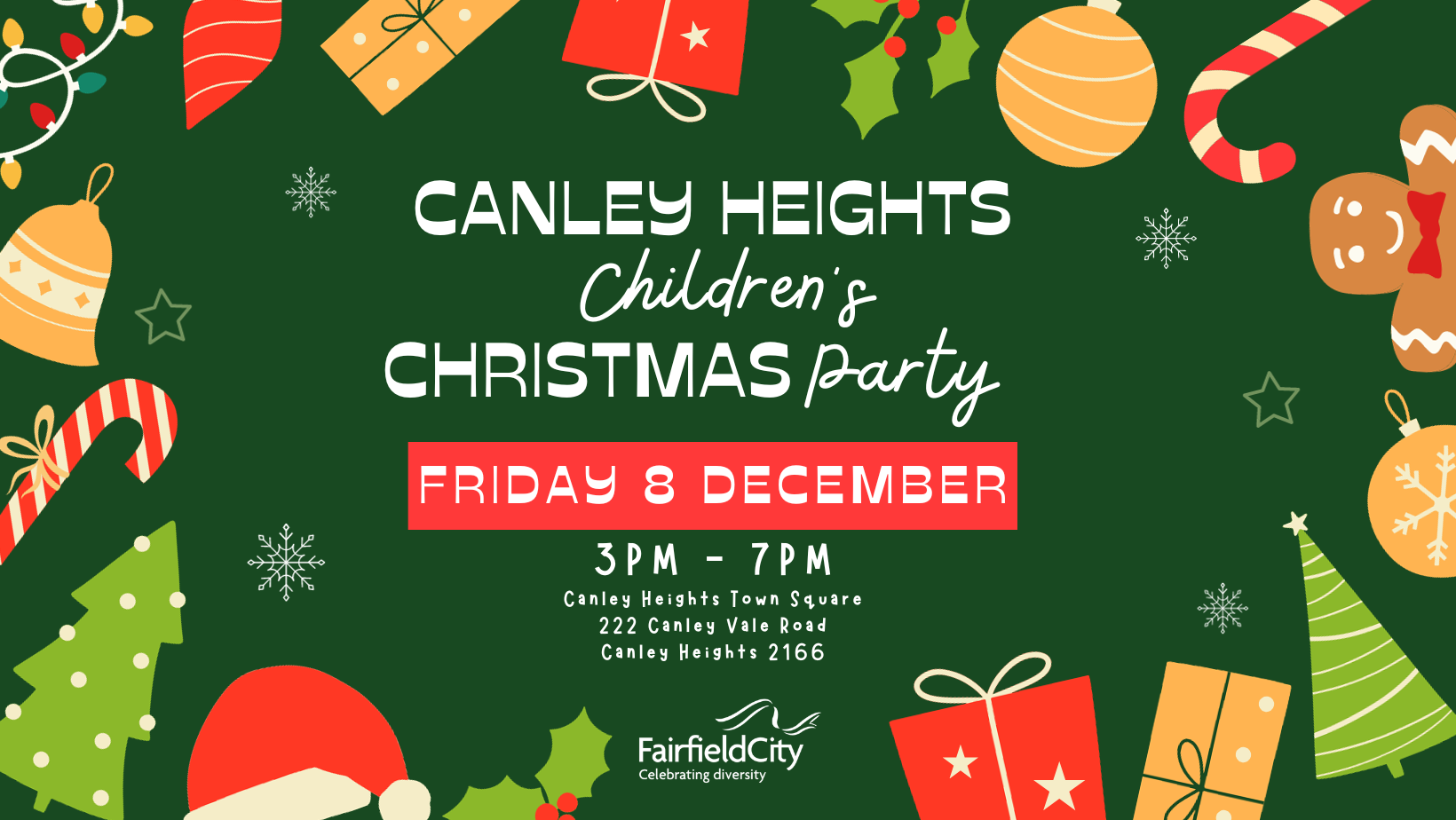 Canley Heights Children's Christmas Party, Friday 8 December, 3pm-7pm, Canley Heights Town Square, 222 Canley Vale Road, Canley Heights 2166