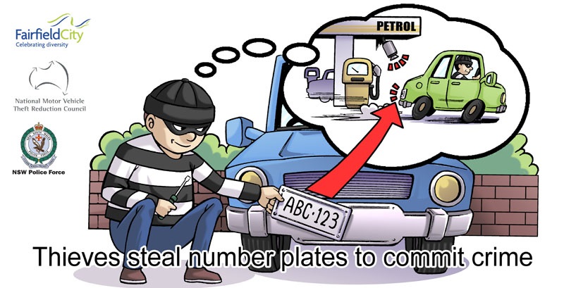 Cartoon of a thief stealing a number plate while thinking about how he will use it to steal petrol