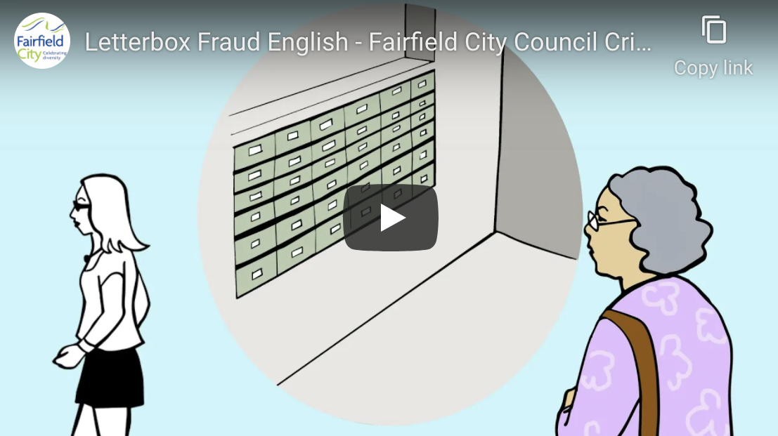 Screenshot of Letterbox Fraud English - Fairfield City Council Crime Prevention video on Youtube