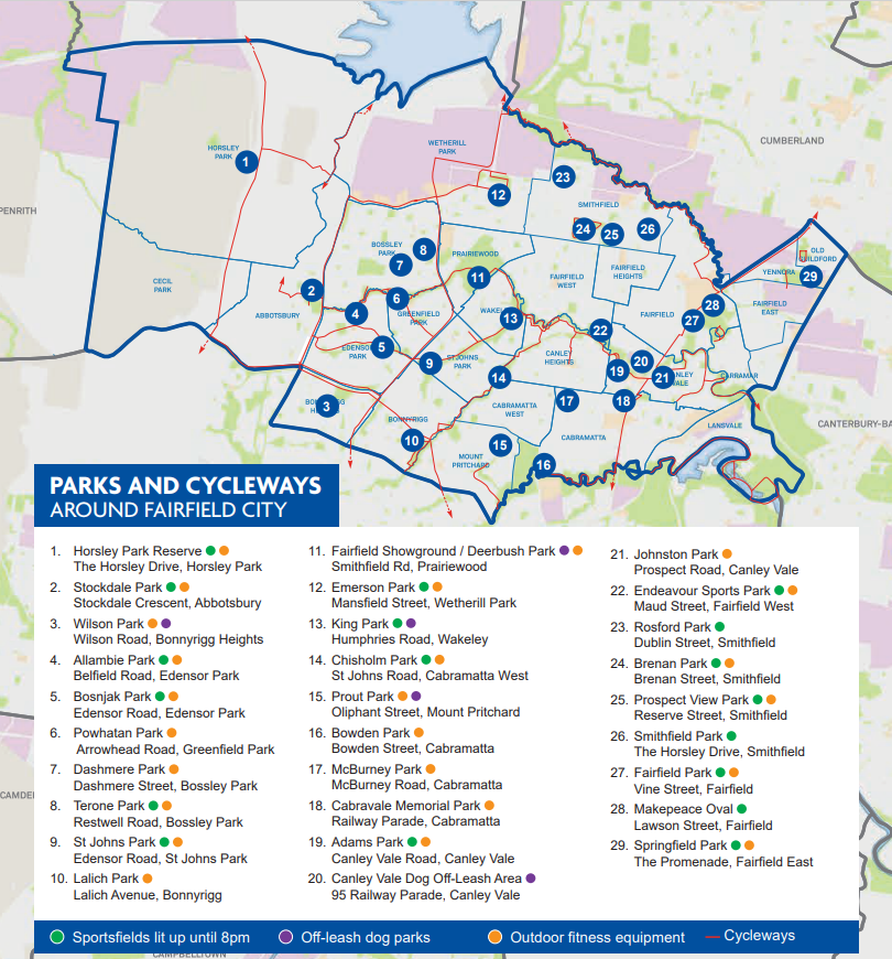 Map showing locations of all of the Sports Fields around Fairfield City