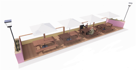 3D illustration of benches and parasols