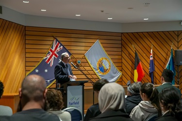 Mayor Frank Carbone delivering his address to the audience