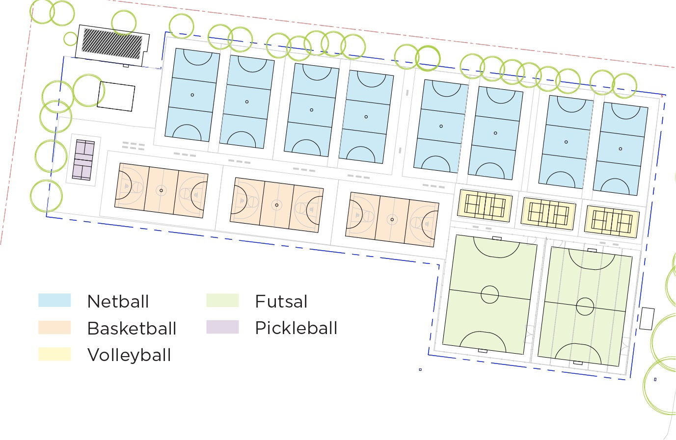 Map of new Endeavour Sports Park courts plan showing netball, basketball, volleyball, futsal and pickelball courts