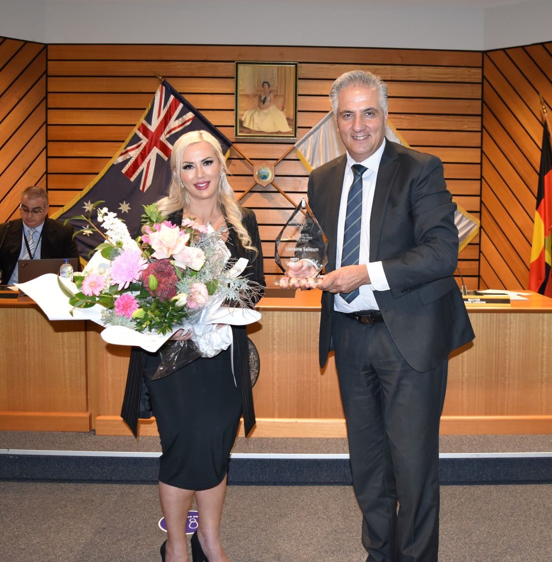 2022 women's day award winner Lorraine Salloum with Mayor Frank Carbone