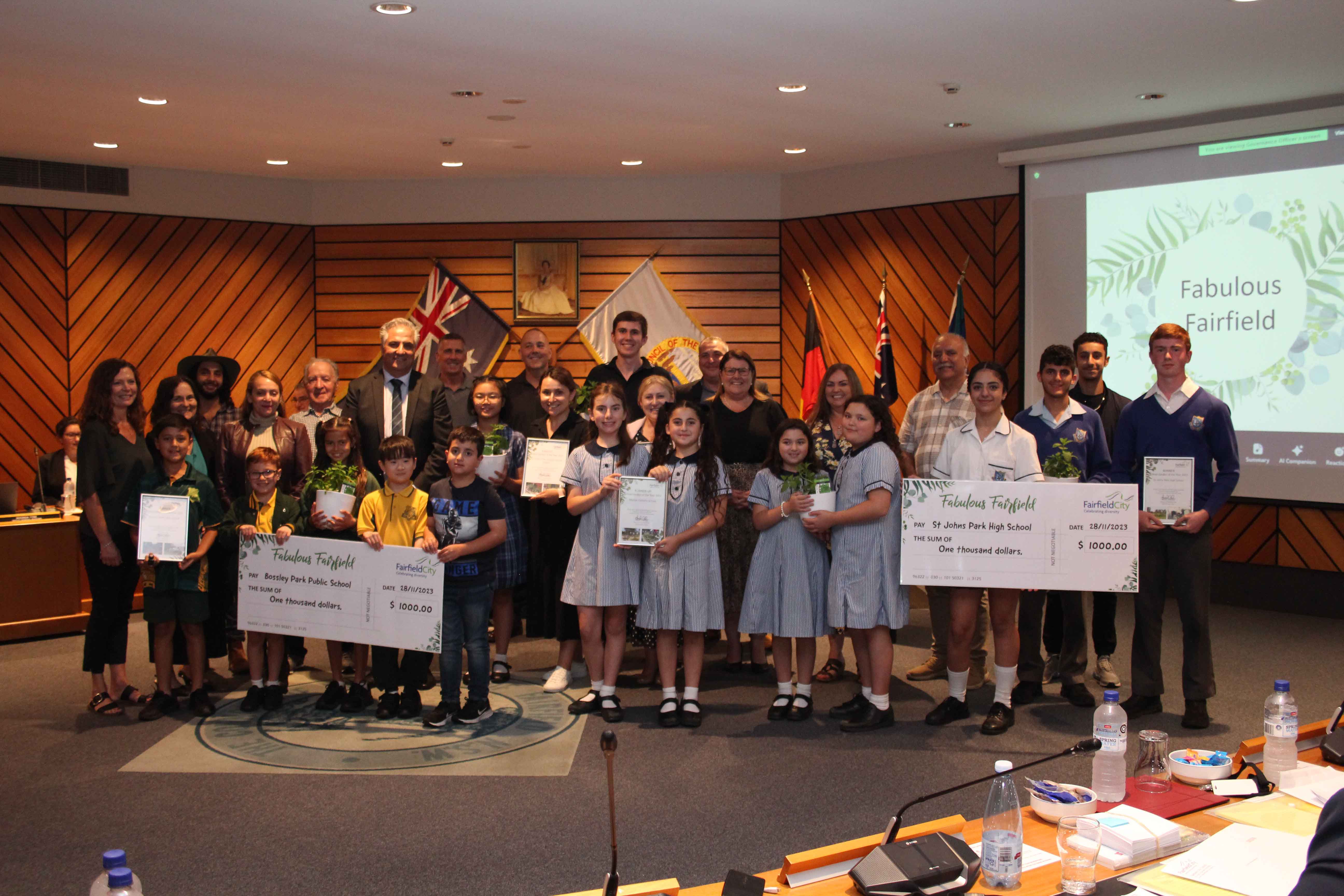Group photo of the 2023 School Garden of the Year winners, runner up and finalists with Mayor Frank Carbone