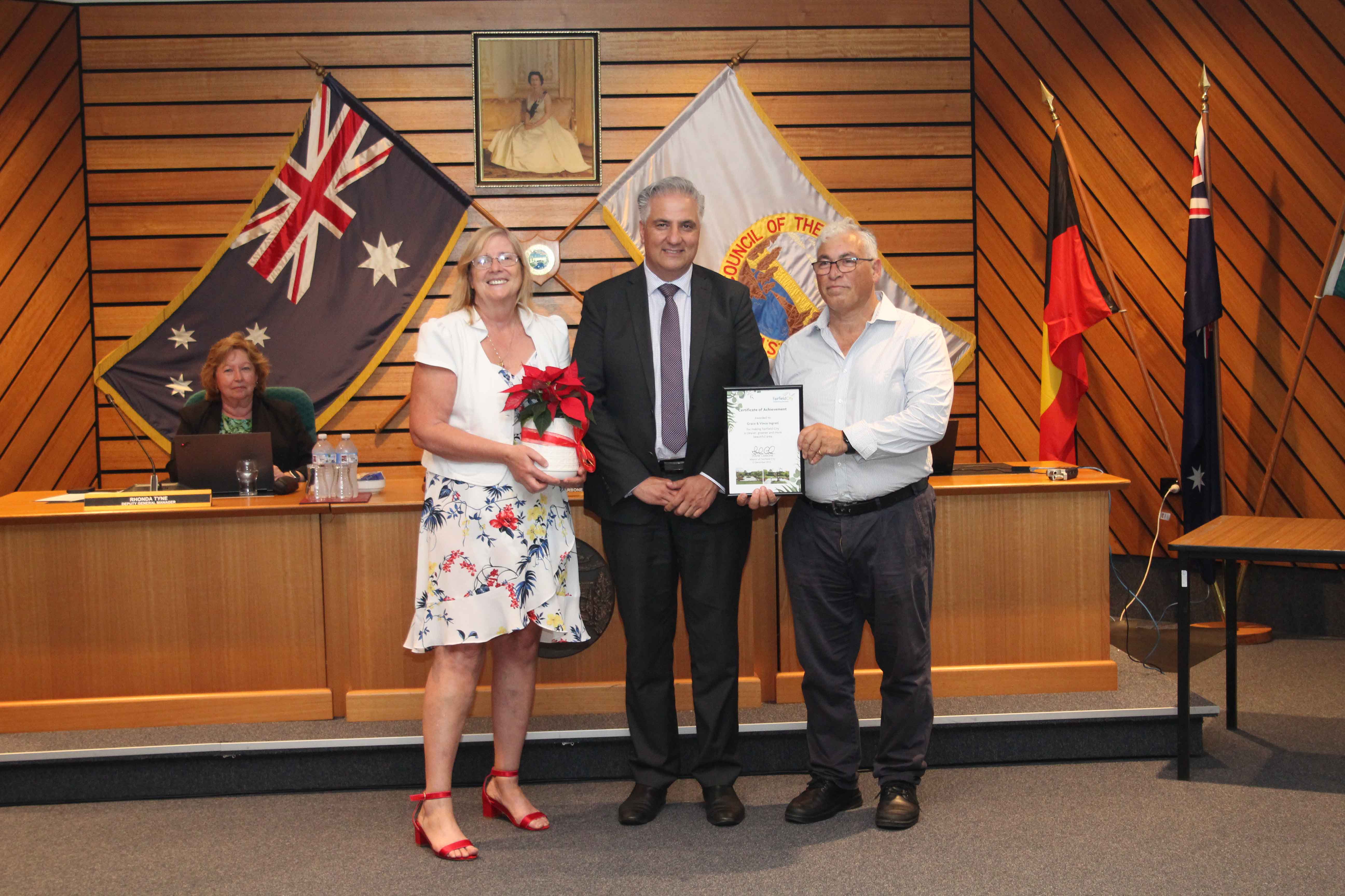 2023 Garden of the Year Winners, Grace and Vince Ingrati with Mayor Frank Carbone