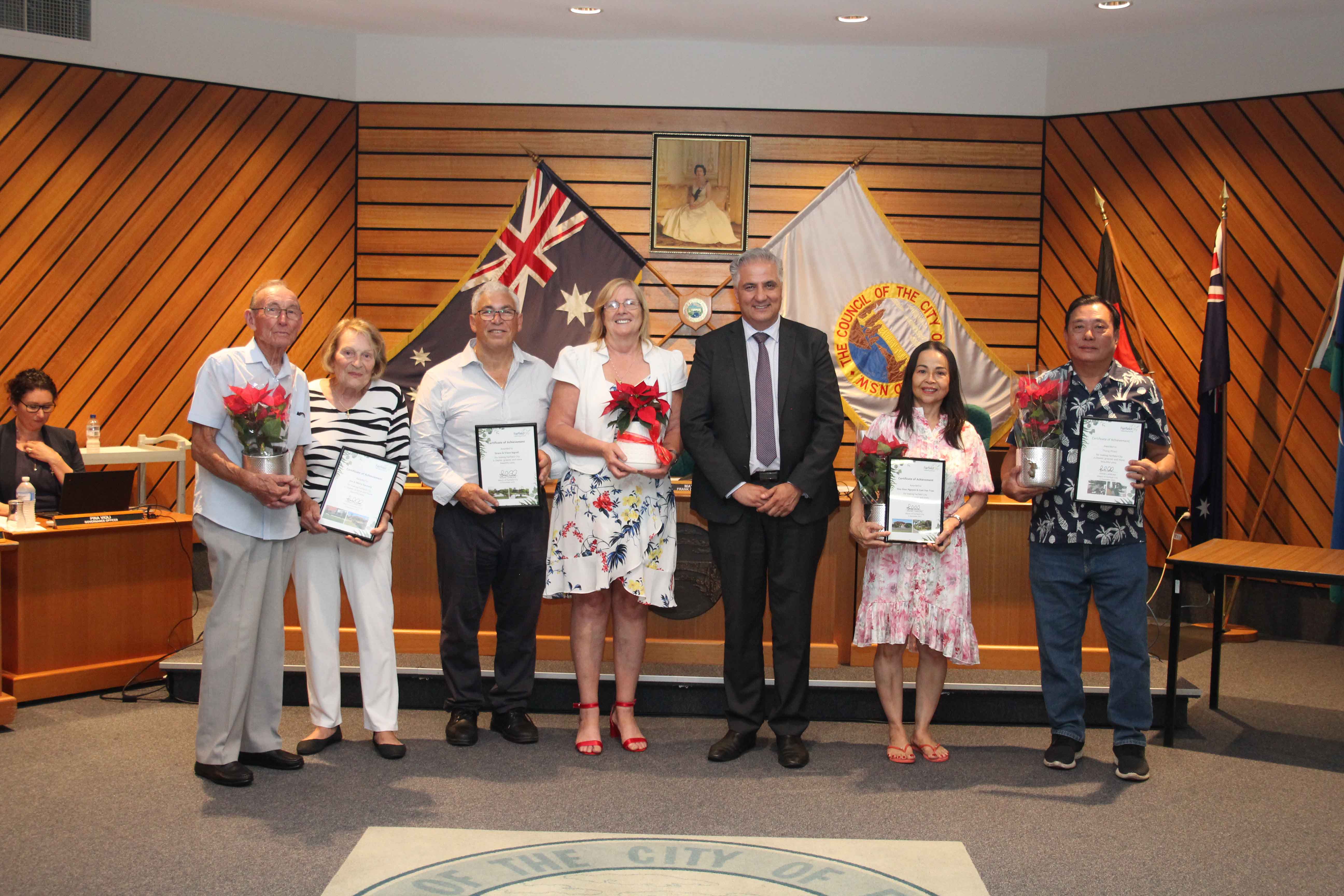 Group photo of the 2023 Garden of the Year winners and finalists with Mayor Frank Carbone