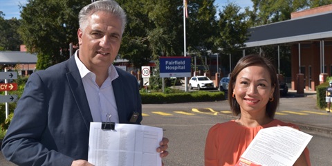 Mayor Frank Carbone with MP Dai Le in front of Fairfield Hospital petitioning for more funding and upgrades