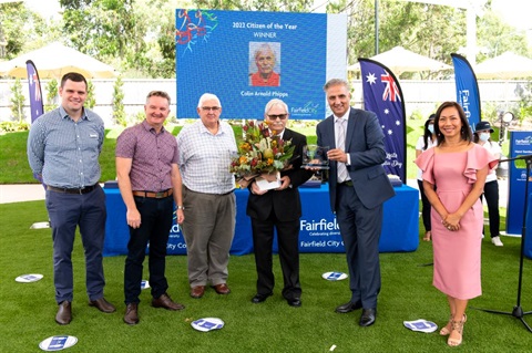 Australia Day Ceremony 2022 Citizen of the Year winner and the Mayor Frank Carbone and Deputy Mayor Dai Le