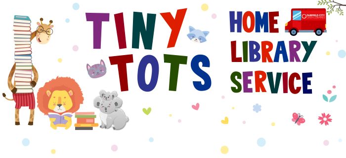 Tiny Tots Home Library Service banner with bright letters and koalas
