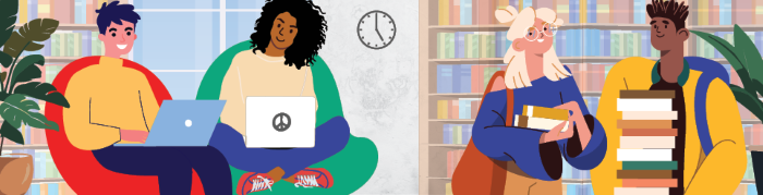 graphics of students in a library with books and laptops studying