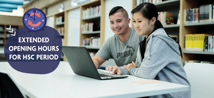 Extended Library Hours for HSC study banner with two students at the library