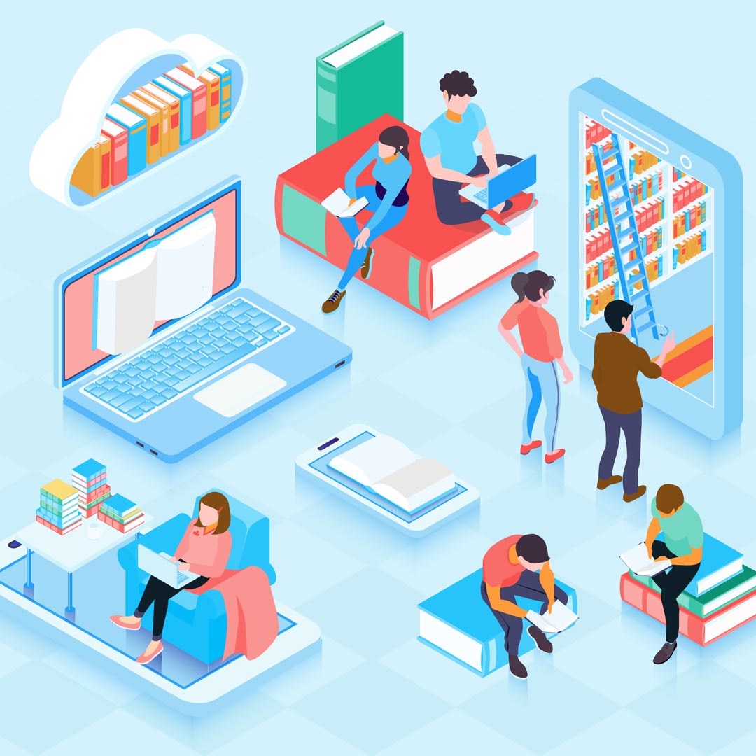 Flat isometric vector illustration of digital library