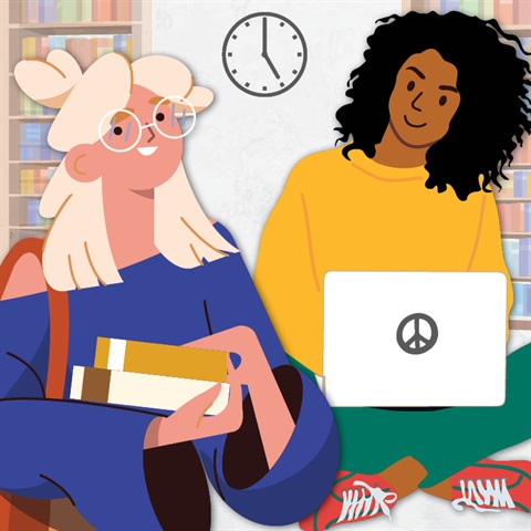 graphic of two young women studying on their laptop and carrying books