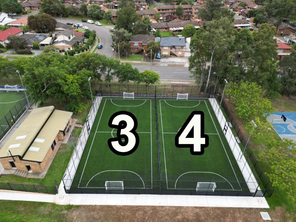 Aerial view of Emerson futsal court 3 & 4 with number.