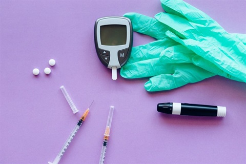 Diabetes medical equipment like syringes, gloves and pills