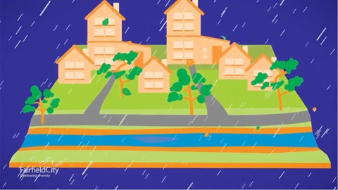 Illustration of rain falling in a creek across the road from houses