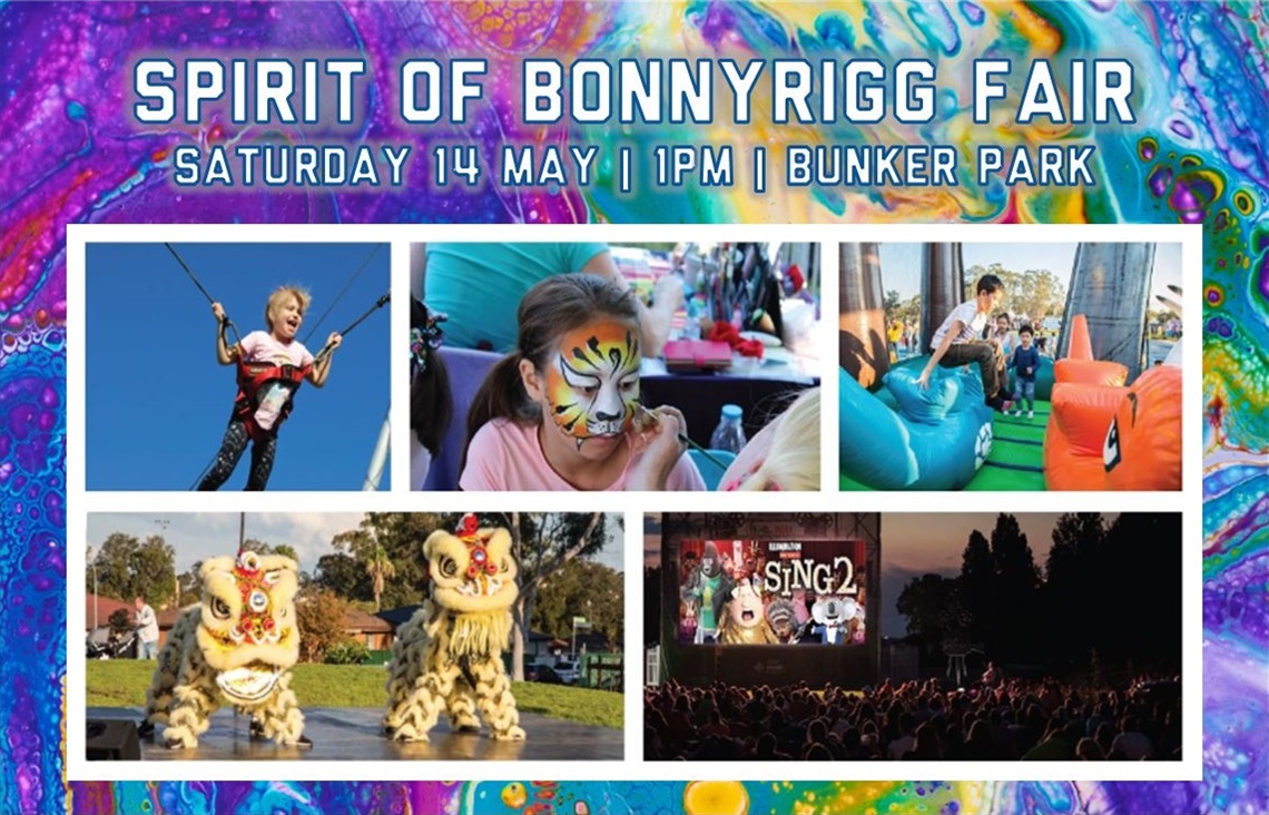 Image of the Spirit of Bonnyrigg Fair which will be held on Saturday 14 May from 1pm at Bunker Park in Bonnyrigg. Image of lion dancers, face painting, outdoor movie, kids activities such as bungee jump and an inflatable course.
