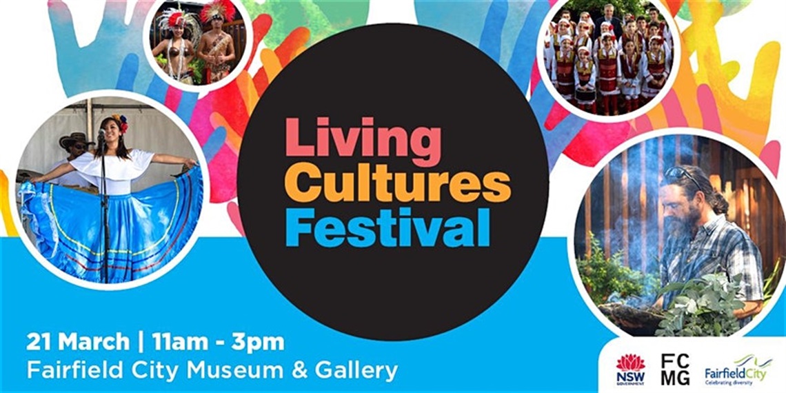Living Cultures Festival web banner featuring various cultural performances from the event and displaying text which says 21 March 11am-3pm at Fairfield City Museum and Gallery