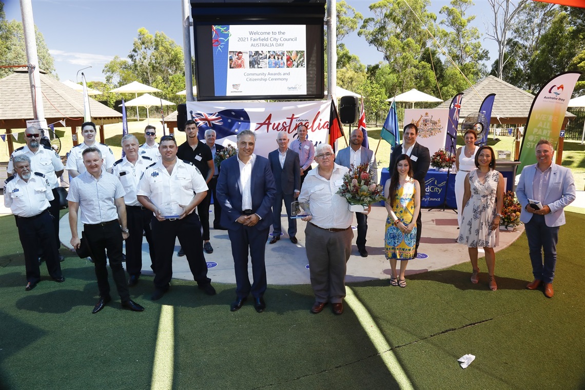 Fairfield City Mayor Frank Carbone with Deputy Mayor Paul Azzo and Councillors Sera Yilmaz, Dai Le, Adrian Wong, Anita Kazi and Ninos Khoshaba, City Manager Alan Young and the 2021 Australia Day Award winners.