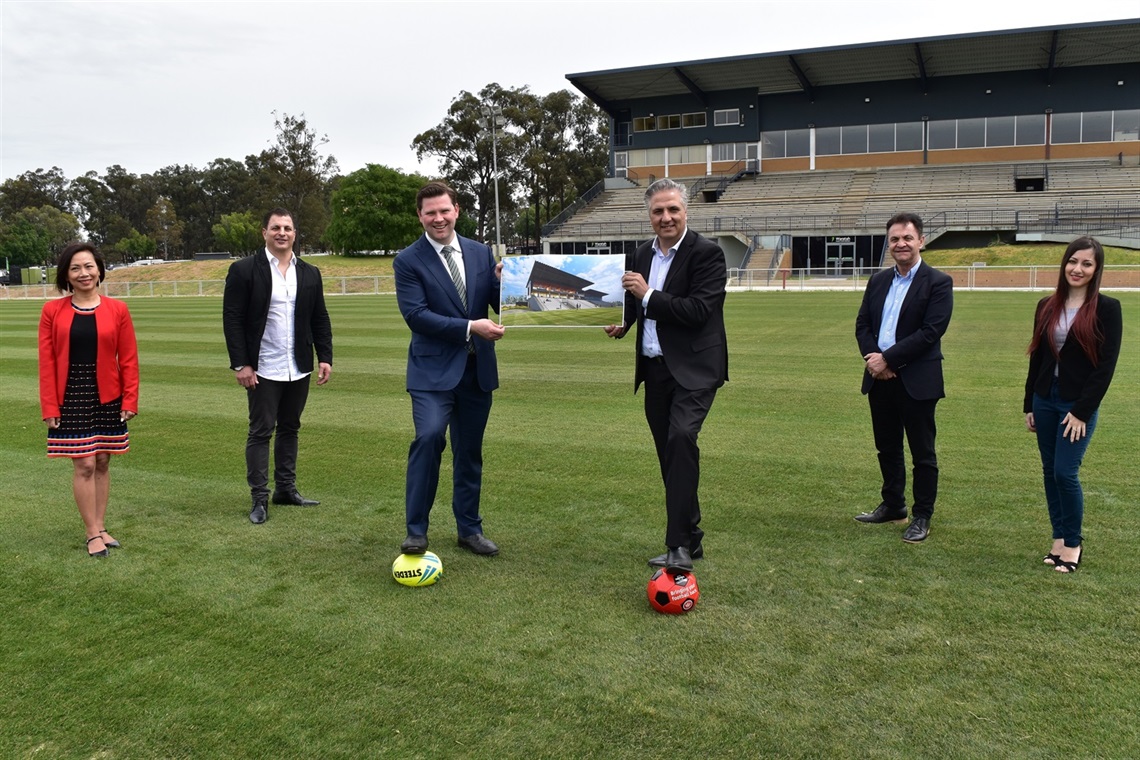 Picture of Fairfield City Councillor Dai Le, Deputy Mayor Paul Azzo, Member of the Legislative Council Scott Farlow, Fairfield City Mayor Frank Carbone, and Councillors Sera Yilmaz and Peter Grippaudo at Fairfield Showground.