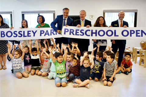 Councillor Sera Yilmaz and Dai Le with Mayor Frank Carbone and other officials opening Bossley Park Preschool 