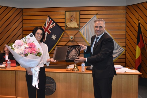 Mayor Frank Carbone smiling and presenting 2020 Fairfield City Women's Day Award to Patricia Carnovale