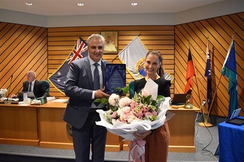 Mayor Frank Carbone smiling and presenting 2021 Fairfield City Women's Day Award to Nadia Vella-Taranto 