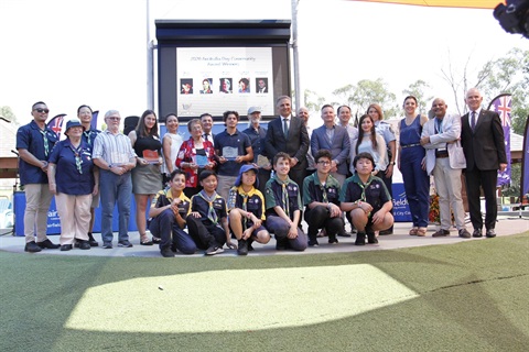 Councillor Dai Le Paul Grippaudo, Mayor Frank Carbone, Hon Chris Bowen MP, Councillors Adrian Wong, Sera Yilmaz and Anita Kazi, and City Manager Alan Young smiling and posing with 2020 Fairfield City Australia Day Award winners