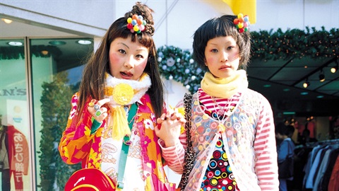 Two women dressed in Harajuku experimental street clothing
