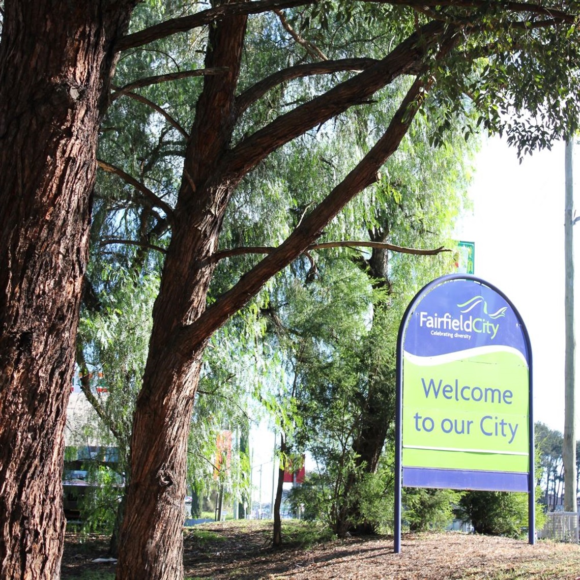 Fairfield City 'Welcome to our City' sign at Lansvale Park.
