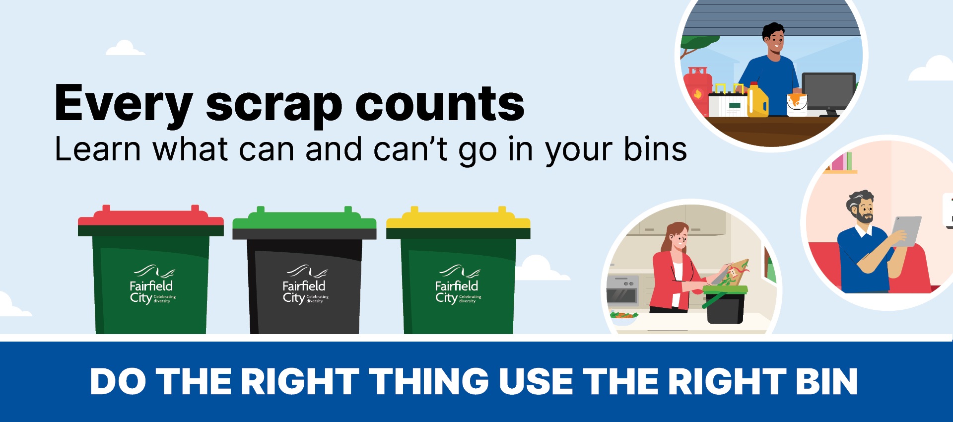 Illustration of 3 bins with the message 