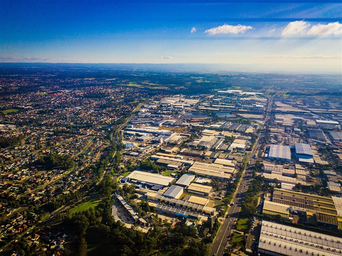 Aerial view of residential and industrial zones