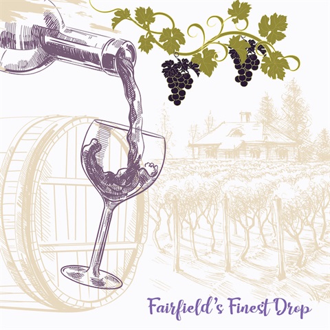 Illustration of wine being poured into a glass at a wineyard