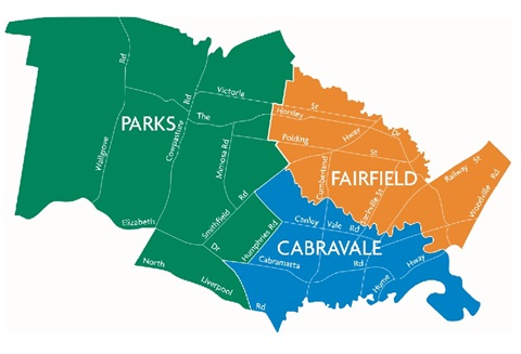 Map of Fairfield Local Government Area divided into three wards Parks, Fairfield, Cabravale 