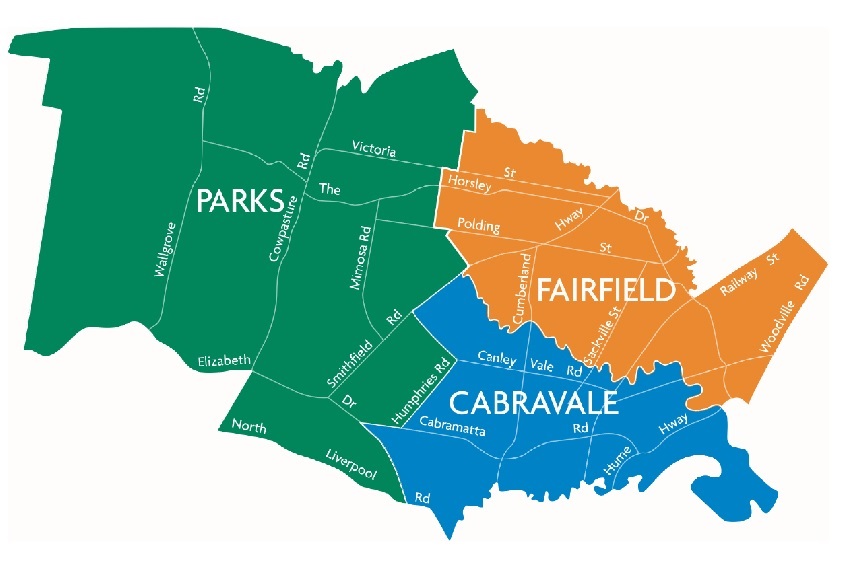 Map of Fairfield Local Government Area divided into three wards Parks, Fairfield, Cabravale 