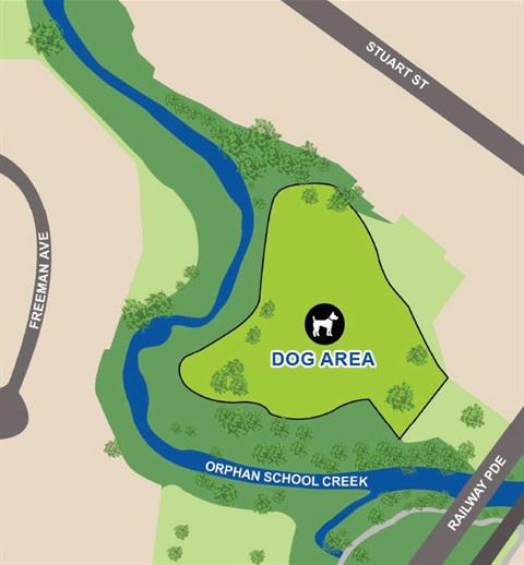 A map showing that the Dog Off-Leash Park is located off Railway Parade, near Stuart Street.