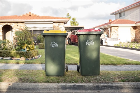 Rubbish bins with yellow and red lids standing next to each other near the kerb 