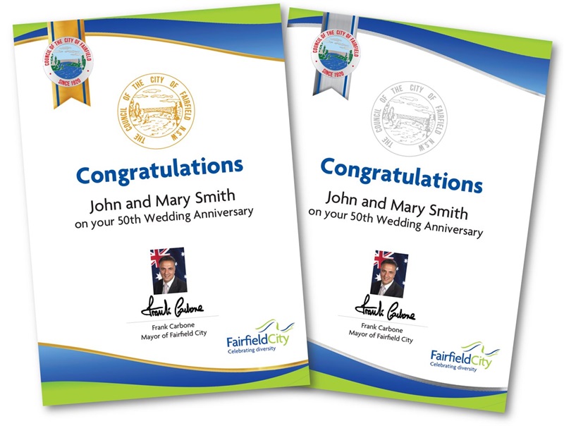 Samples of the Congratulatory Certificate in gold and silver trim, with text 'Congratulations John and Mary Smith on your 50th Wedding Anniversary'