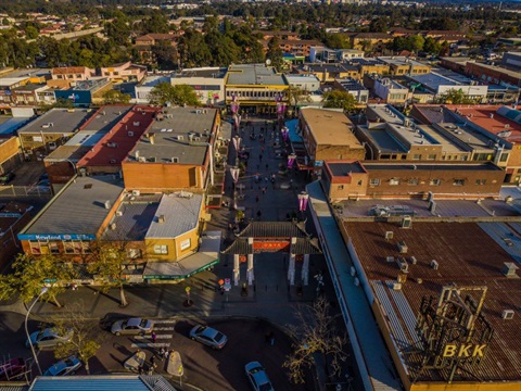 Aerial view of Freedom Plaza in Cabramatta 