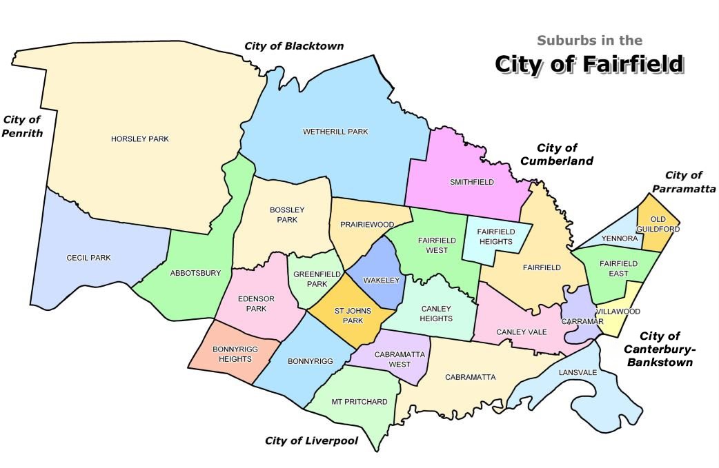 Map of the Suburbs in the City of Fairfield and neighboring cities
