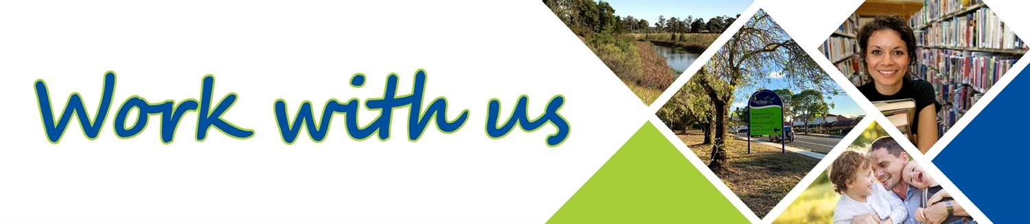 Work with us - banner featuring collage of Council employee related photos